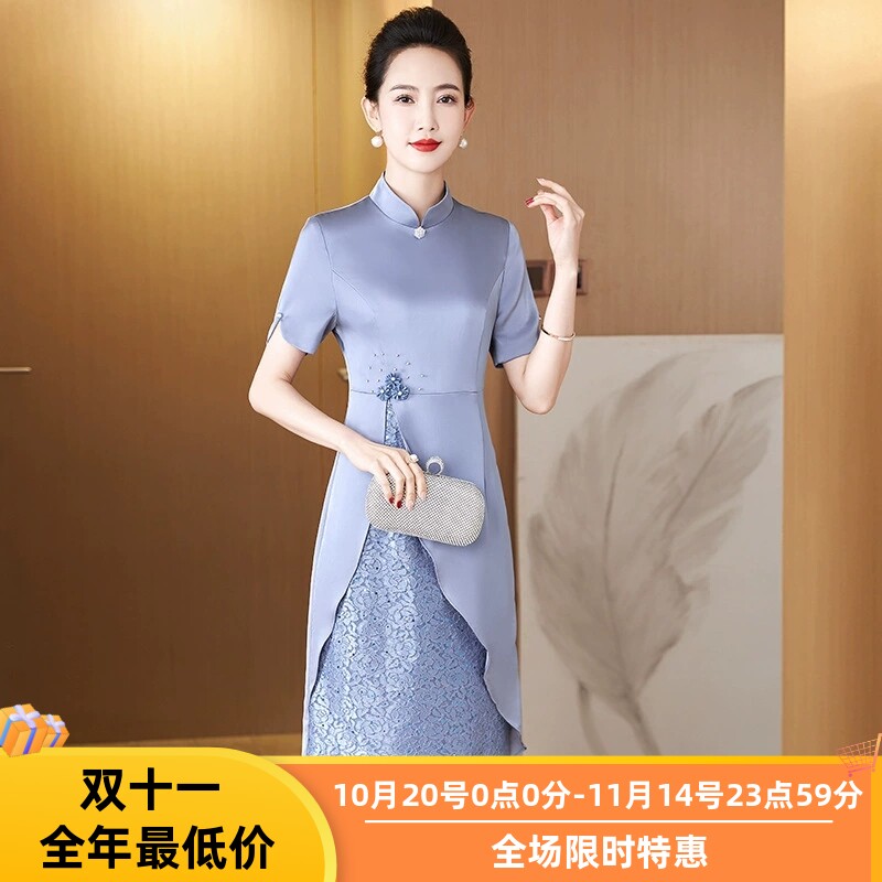 新款秋季流行修身包臀显瘦妈妈装短袖中年宴会礼服优雅婚宴连衣裙