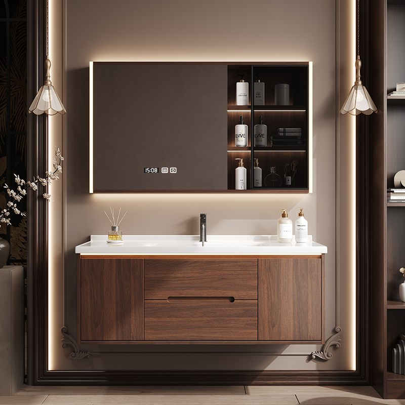 中古风胡桃木色浴室柜组合卫生间陶F瓷一体洗漱台洗手洗脸面盆池