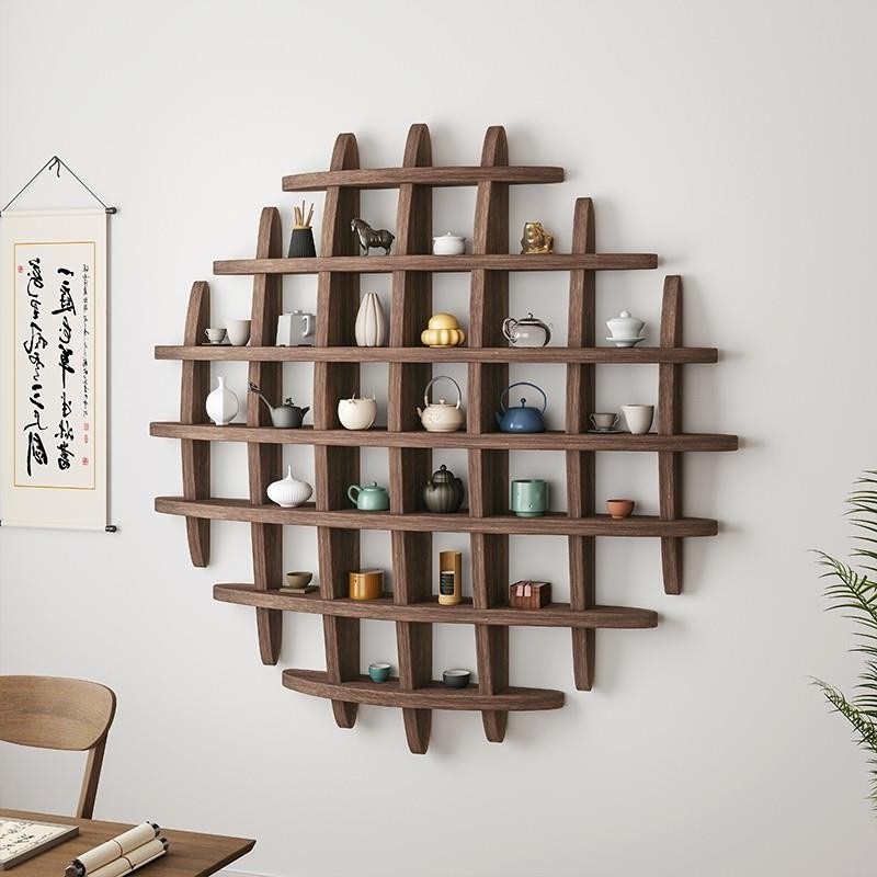 壁挂式博a古架实木中式挂墙茶杯架墙上多宝阁格子架置物架背景展