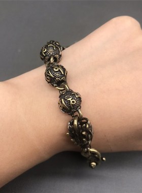 纯铜六字真言手l链配饰潮人复古黄铜街头嘻哈个性珠串手链