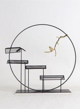 新中式金属几何摆件禅意售楼处样板房玄关柜博古架办公室软装饰品