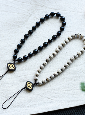 星月菩提手机链j挂件 黑曜石手机链吊坠挂绳复古中国短款男女款