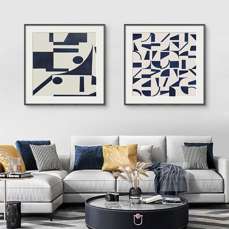 北欧极简抽象客厅装饰画黑白蓝现代沙发背景墙挂画酒X店餐厅侘寂图片