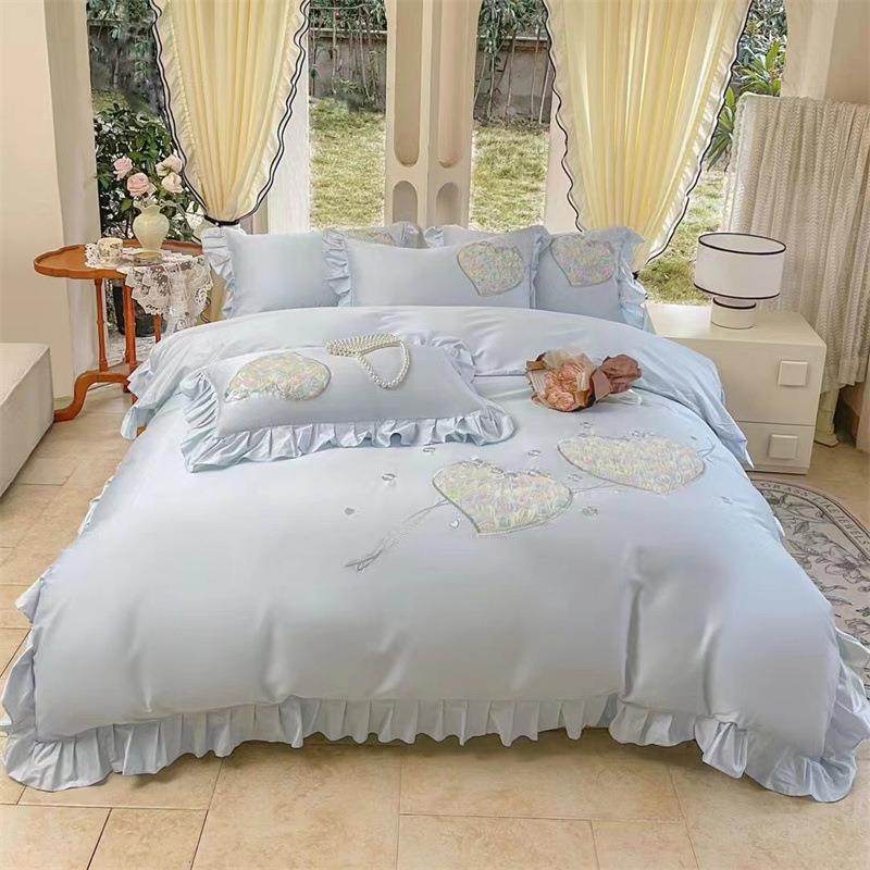 公主风100S高支长绒棉四件套少女心立体爱心刺绣全棉被套床上用品