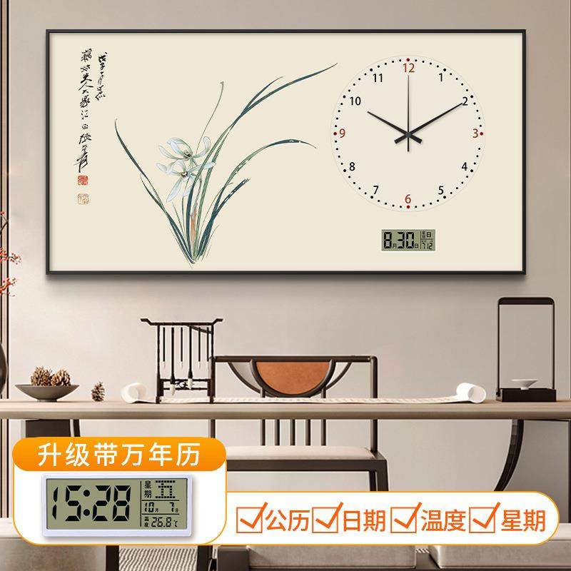 兰花图万年历客厅钟表挂钟2024新款家用电子时钟挂墙静音表装饰