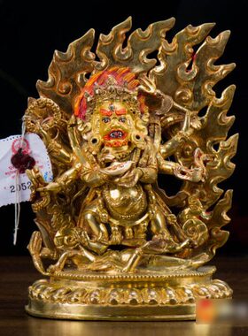 家用现代大黑天铜像摆件尼泊尔手工铜全鎏金六臂玛哈嘎拉铜像