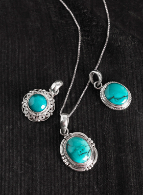 印度尼泊尔手工925银饰品绿松石吊坠 女男款项R坠创意复古民族风