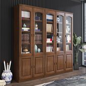 实木橡木书柜带玻璃门三门简约中式 书架储物现代书橱办公室文件柜