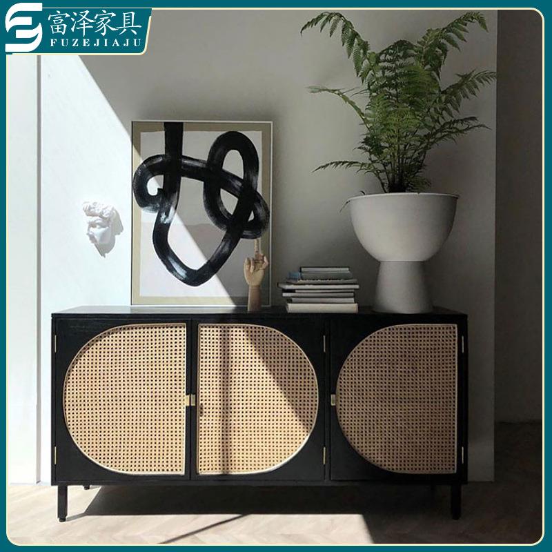 现代简约风格家用小户型餐厅样板房实木编藤餐边柜玄关柜收纳柜