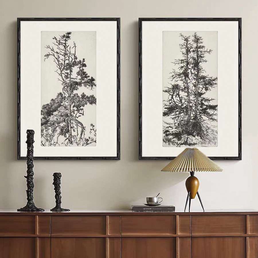 中古Vintage树植物版画双联美式装饰画复古素描实木玄关沙发背景图片