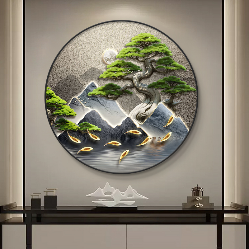 九鱼图圆形玄关装饰画现代迎w客松入户正对门挂画走廊过道山水壁图片