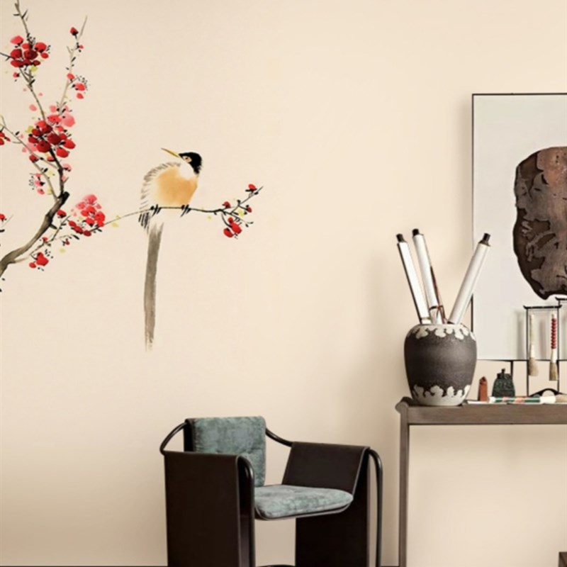 新中式梅花花鸟墙纸客厅电视背景墙壁纸素色卧室无缝X墙布定制壁