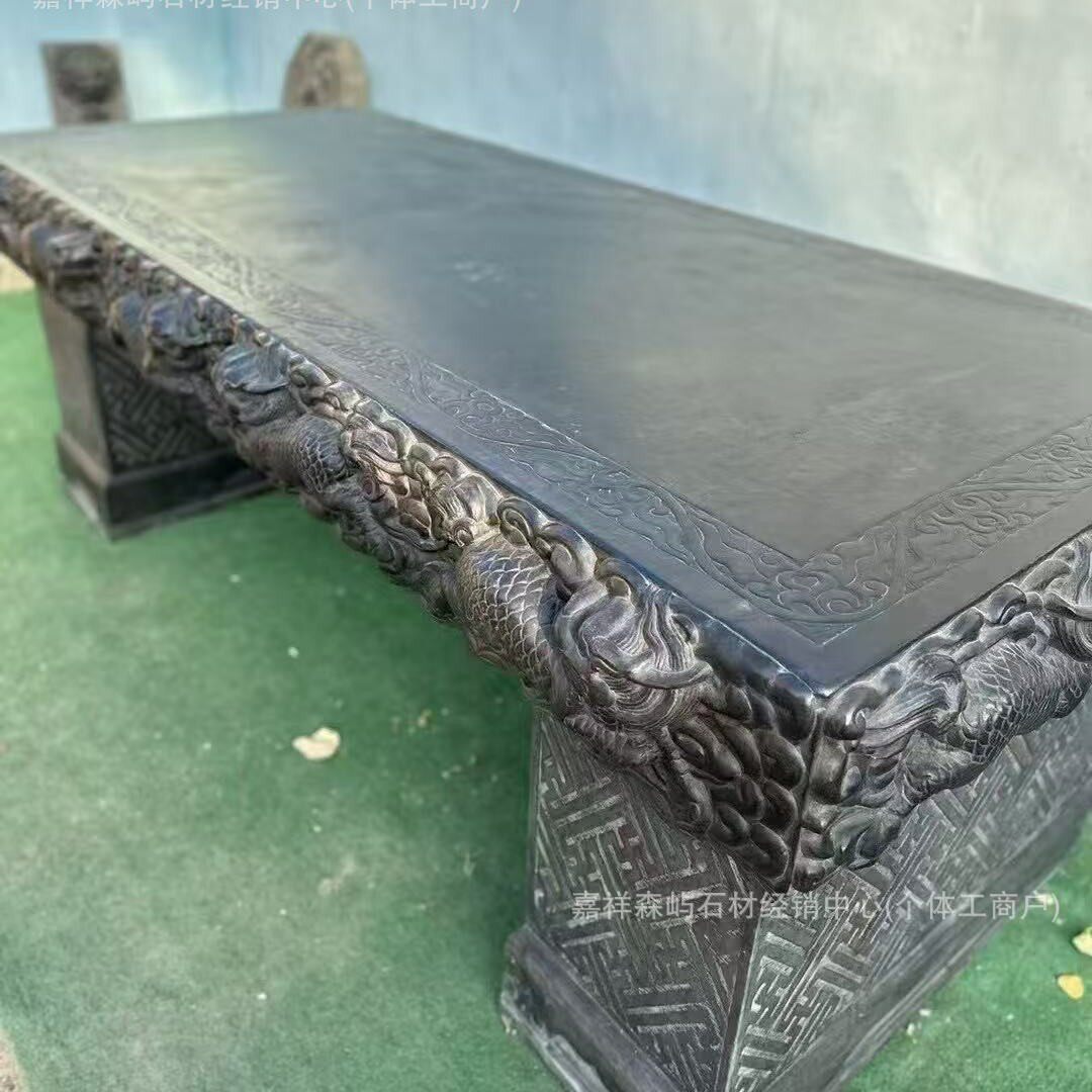 黑青石麒麟大石桌仿古户外庭院花园石桌家用室外中式石雕桌子