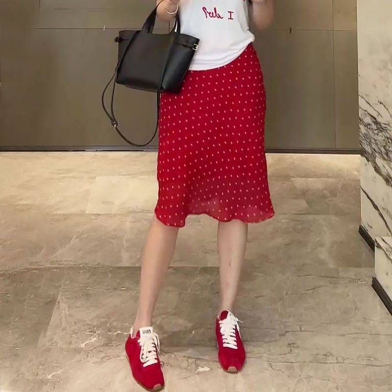 松紧腰红色碎花垂感中裙