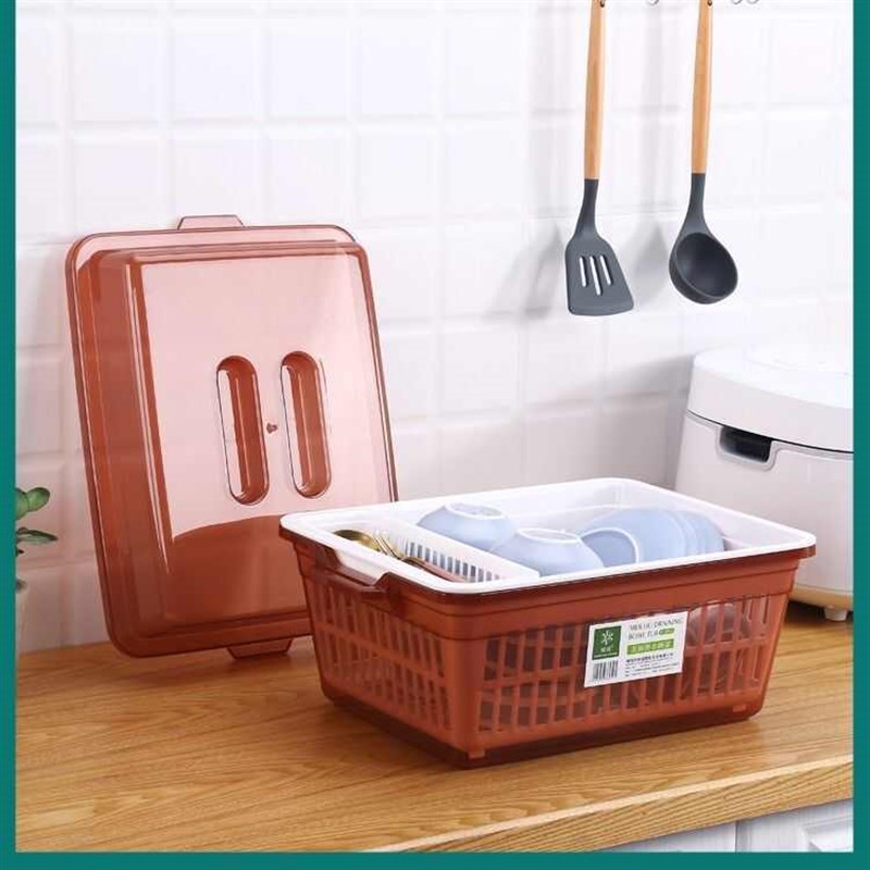 大容量餐具收纳盒 双层防尘沥水盆卫F生保洁餐具收纳篮家用碗架盆