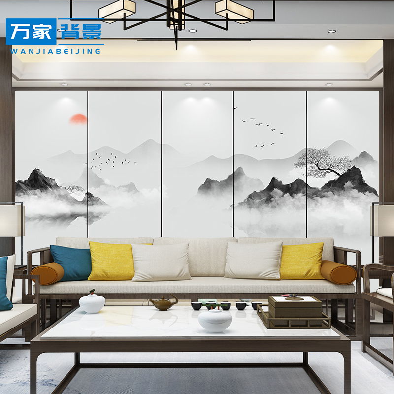 定制床头卧室沙发皮雕硬包山水印花D电视背景墙新中式壁画酒店背