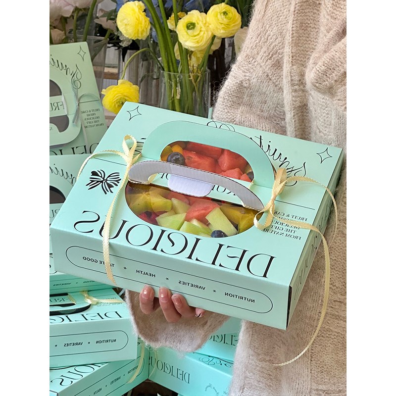 丁峰薄荷绿果切包装盒手提网红D抽拉式果切礼盒轻食野餐打包