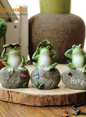 荷塘青蛙树脂摆件 花s园园艺水池造景 石头上的青蛙摆件