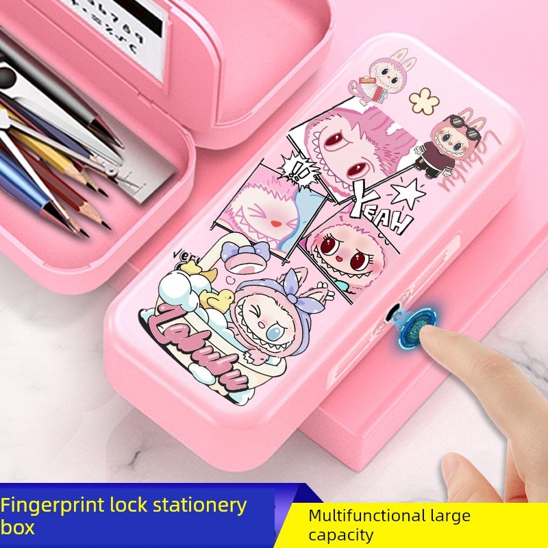 Labubu周边指o纹解锁小男女学生文具盒带密码锁大容量定制