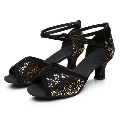 Womens Adult Middle Heel Latin Dance Shoes Black Fabric Gol