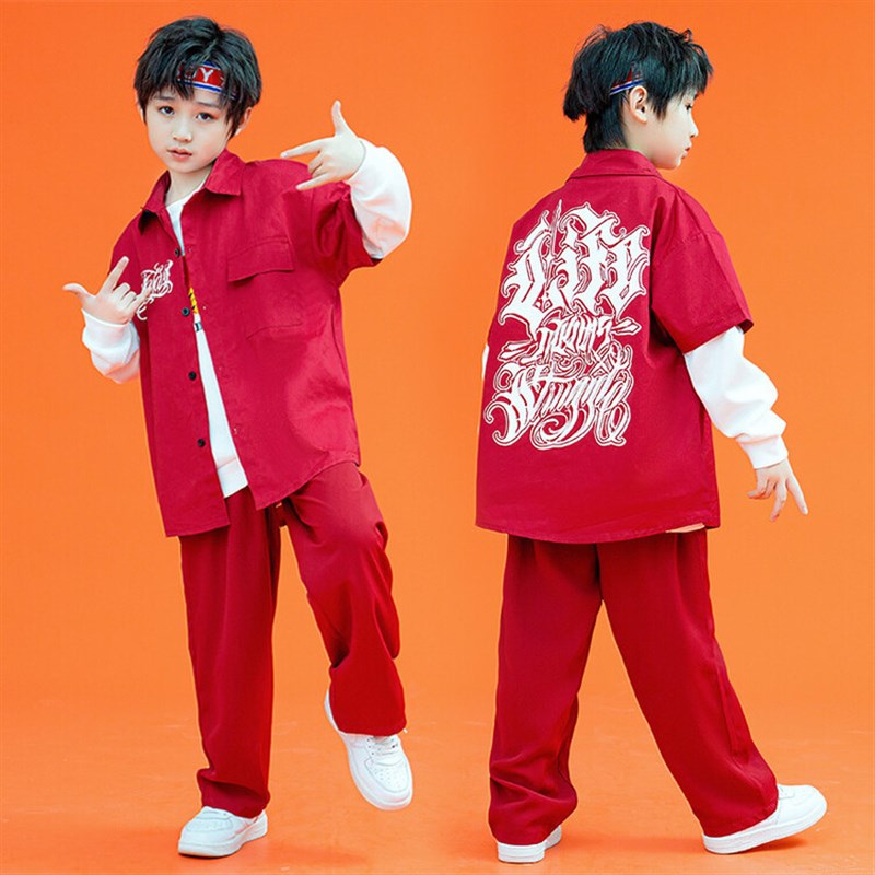 街舞儿童潮服男童演出服套装夏季宽松衬衫女童洋气网红炸街服装帅