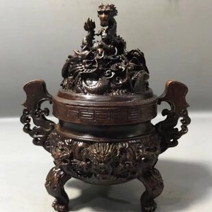 古玩收藏白铜合金香炉摆件二龙戏珠熏香炉檀香炉茶宠桌摆做旧