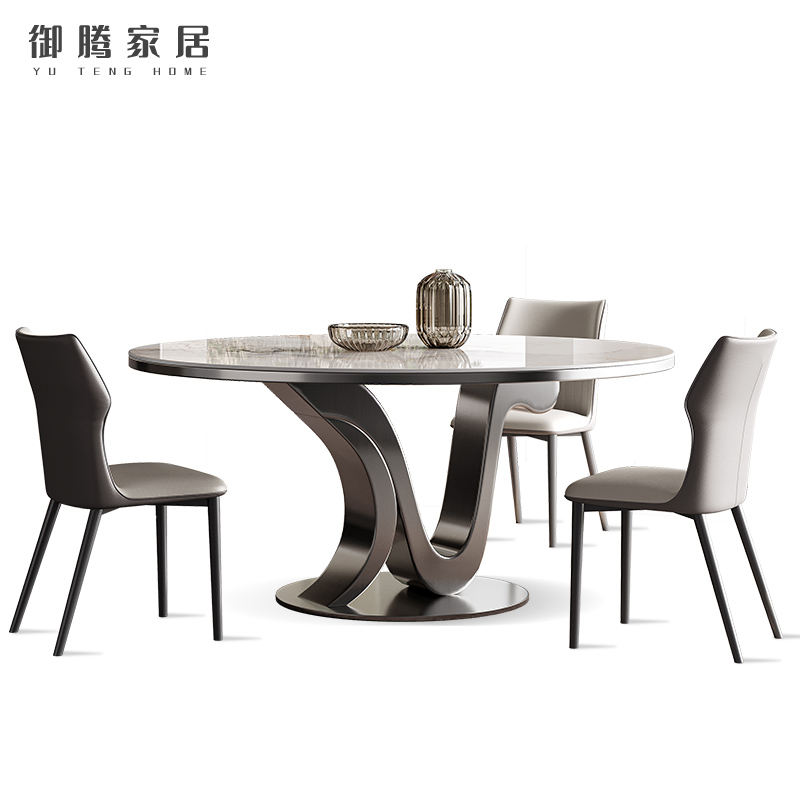 岩板餐桌小户型家用不锈钢桌w椅组合意式家庭现代简约轻奢圆形圆