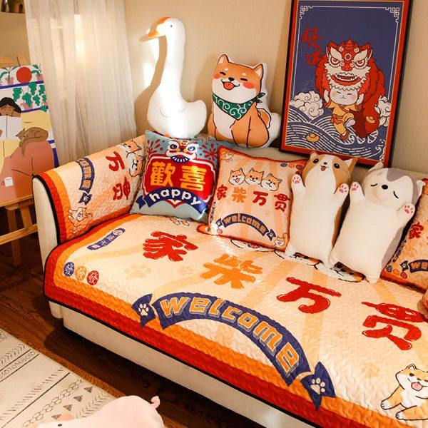 北欧卡通新年喜庆沙发坐垫防滑布艺沙发巾可爱网红柴犬沙发套定做,居家布艺,沙发垫,淘宝优惠券,粉丝福利购,淘宝优惠卷
