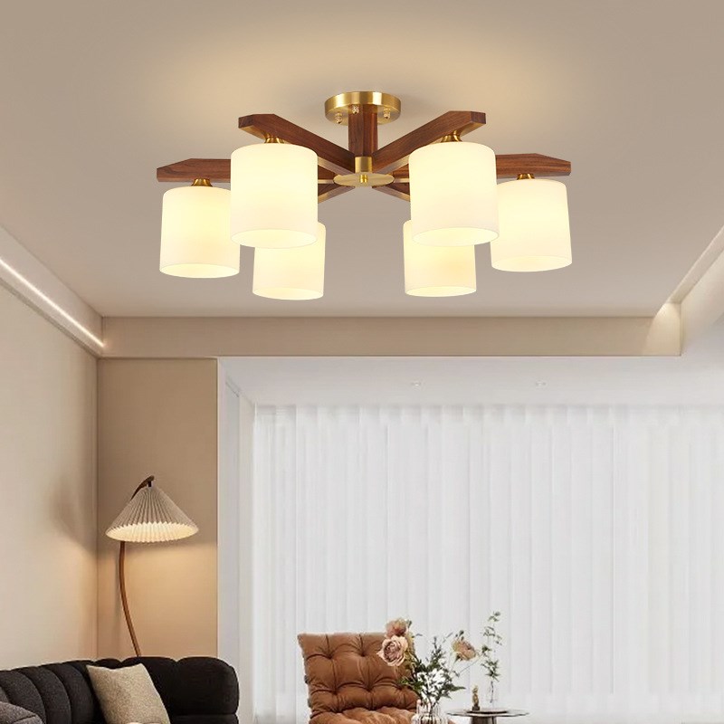 新中式高档e卧室吸顶灯个性大气创意中式实木胡桃木色玻璃客厅灯