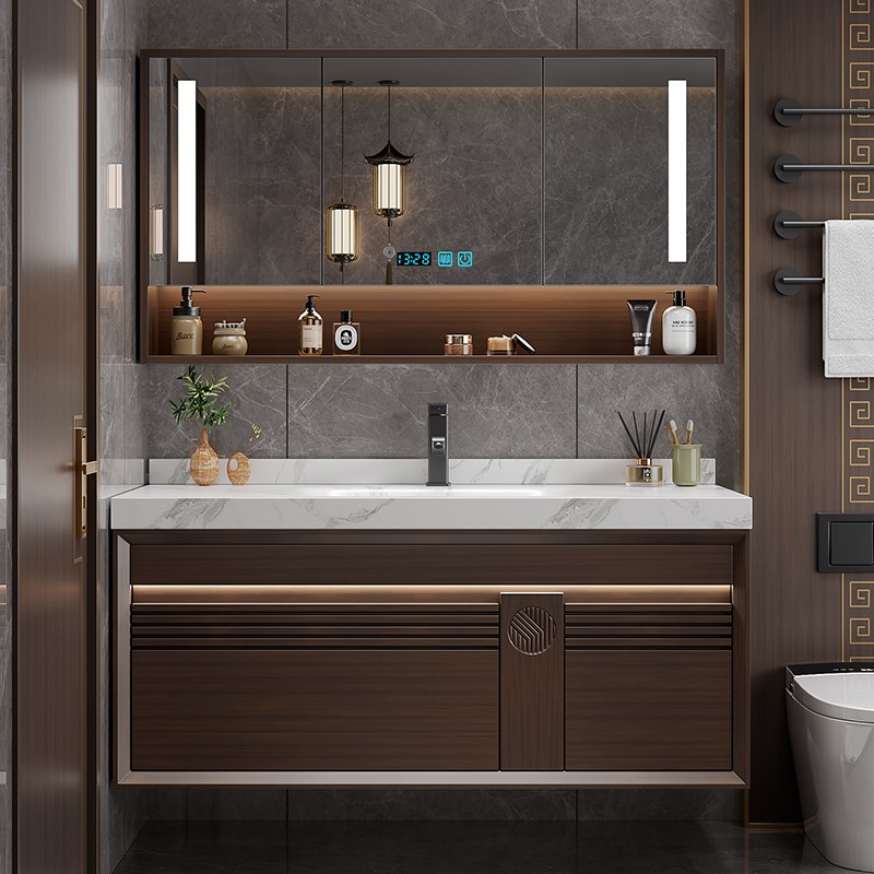 现代新中式浴室柜组合橡木橡胶木B岩板热弯一体盆中古风洗脸洗手