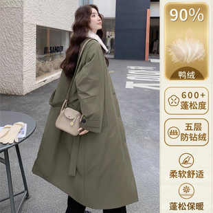 羊羔绒翻领风衣外套女冬季新款羽绒加厚修身中长款韩版休闲单排扣