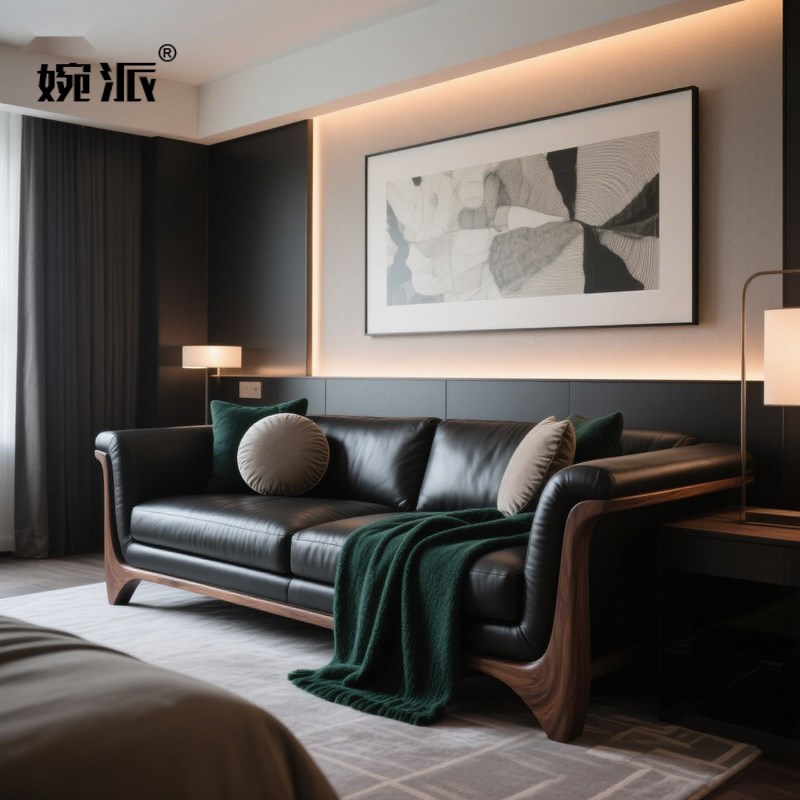 婉派北美黑胡桃木沙发实木沙发新中式覆古网N红酒店会客厅贵妃椅