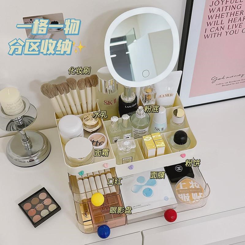 化妆品收纳盒带镜子高级桌面化妆镜宿舍家用口红面膜护肤品置物架
