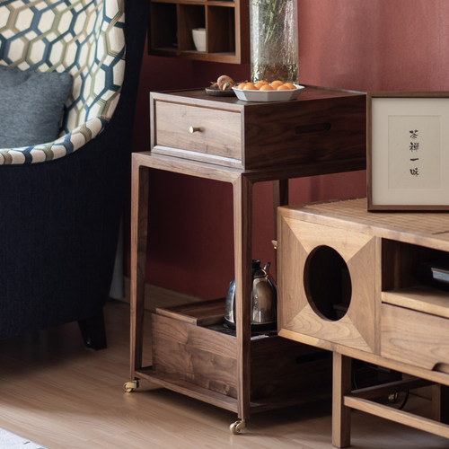 移动茶几新中式泡茶车黑t胡桃木茶台桌花几烧水壶一体组合茶水柜