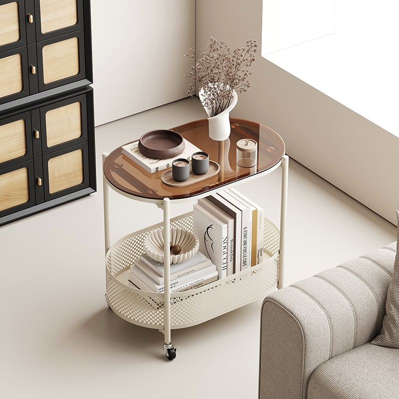 钢化玻璃沙发边几可移动创意客厅小茶几奶油风简约V带轮置物小推