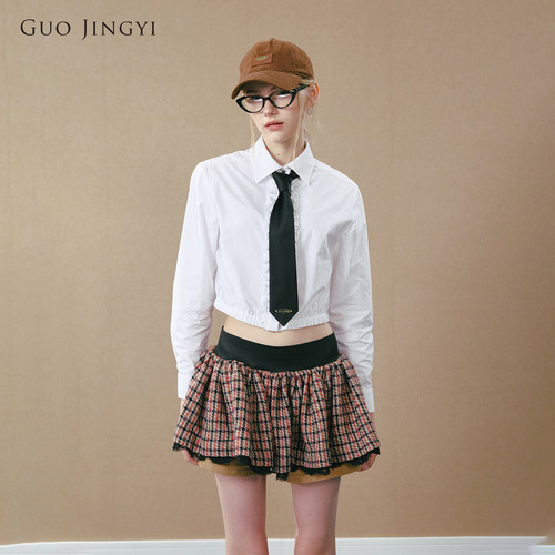 【李莎旻子同款】GUO JINGYI秋冬新品短款花边衬衣正肩上衣女