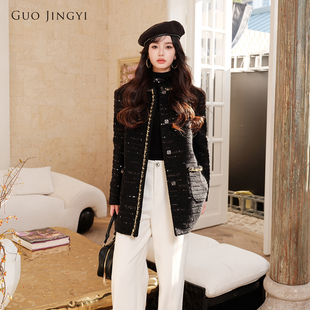 GUO JINGYI秋冬精致优雅黑色亮片花呢圆领直身长款外套女士