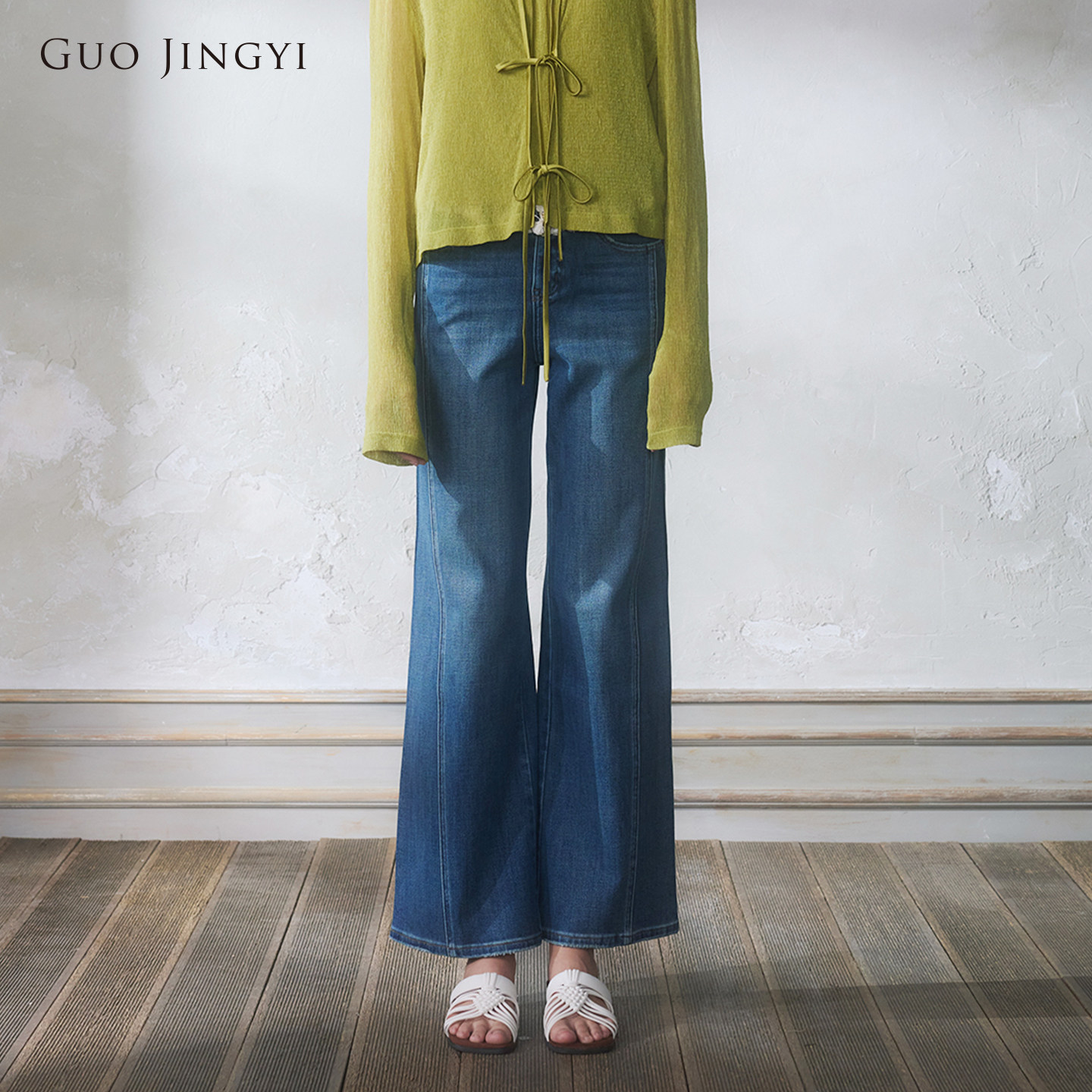 【罗予彤孙乐言同款】GUO JINGYI26春夏天蓝色流苏边垂感牛仔裤女