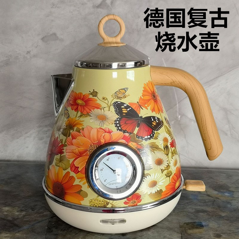 德国复古烤漆带温度显示电热水壶家用F烧水壶大容量静音保温开水