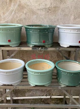 圆形豉丁盆绿色白色冰裂纹w复古简约小号大号新石湾陶瓷景盆花盆