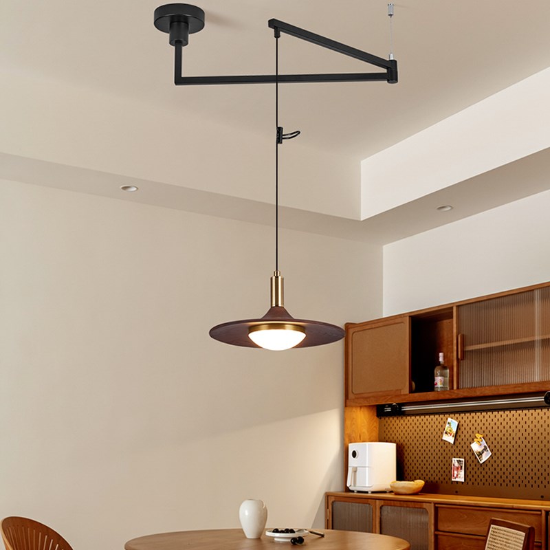 复古餐厅飞碟吊灯l中古侘寂风餐桌饭厅灯日式胡桃木纹摇臂可移位