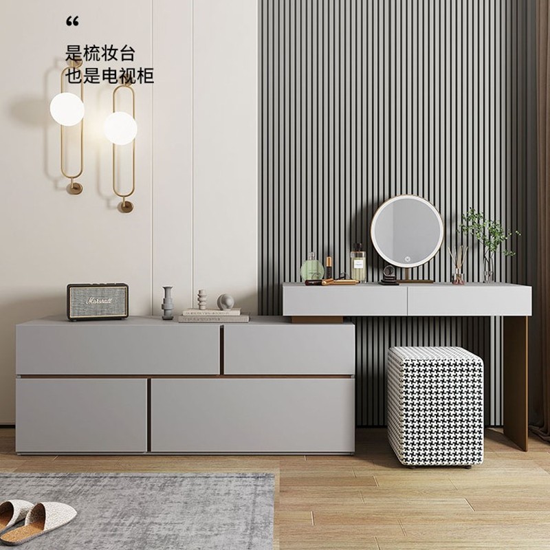 白色烤漆梳妆台卧室一体化妆桌现D代简约电视柜可伸缩梳妆桌包邮