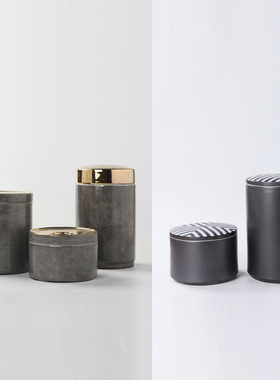 现代简约新中式哑光黑白陶瓷罐摆件样板间高N级灰色皮纹收纳罐装