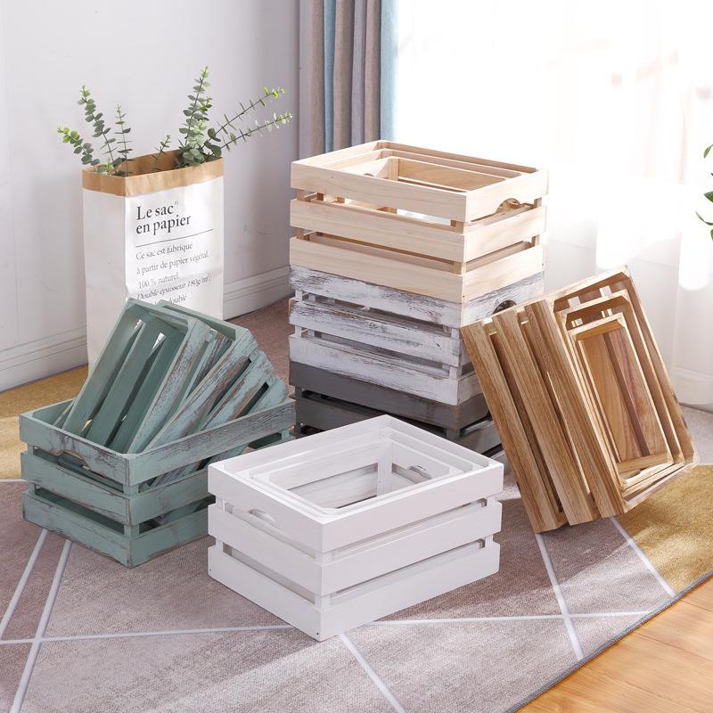 超市陈列装饰收纳筐木制收纳箱木条箱木框箱储物箱复古做旧木箱子