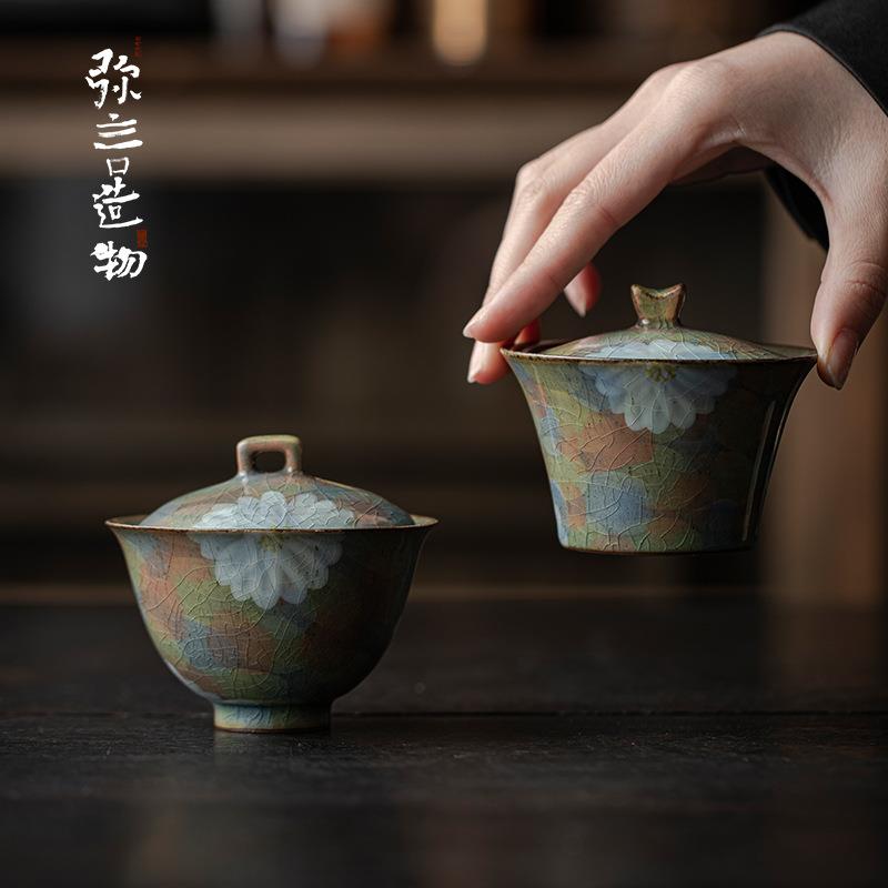 弥言复古手绘盖碗开片可养泡茶碗茶杯功夫茶具手工粗陶不烫手茶碗