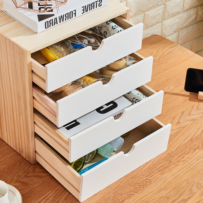 9WOR加大号办公桌面实木收纳盒化妆品抽屉式木质a4纸收纳柜杂物收