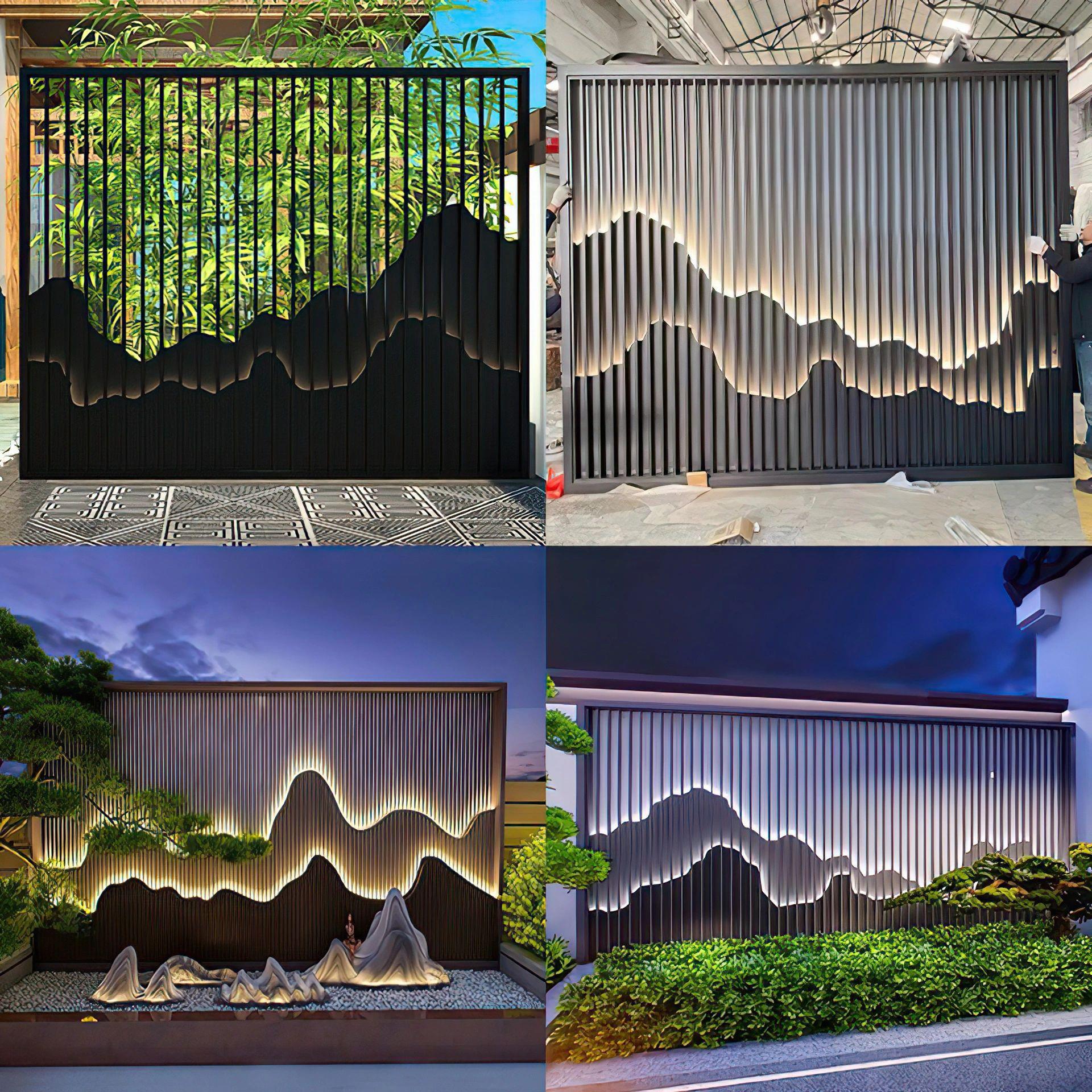 酒店玄关装饰工程户外庭院园林不锈钢格栅金属背景墙带灯假山屏风