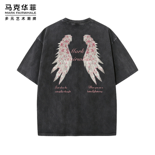 马克华菲复古水洗做旧翅膀印花短袖T恤男夏季美式宽松型潮牌上衣
