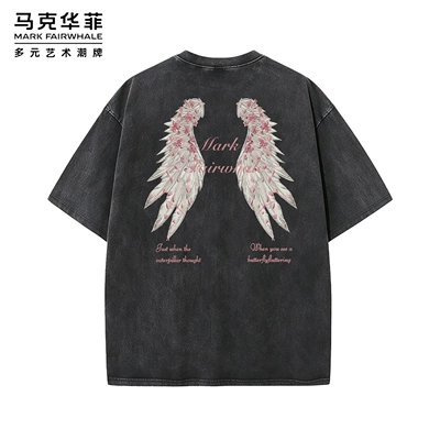 马克华菲复古水洗做旧翅膀印花短袖T恤男夏季美式宽松型潮牌上衣