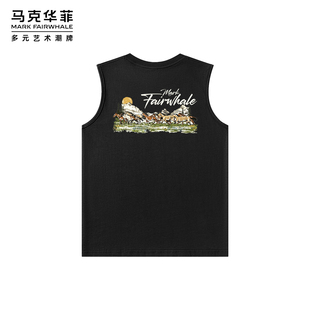 马克华菲万马奔腾后背印花无袖背心夏季宽松潮牌纯棉运动坎肩T恤
